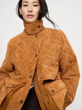 NWT Banana Republic Quilted Suede & Canvas Field Jacket in Caramel Brown
